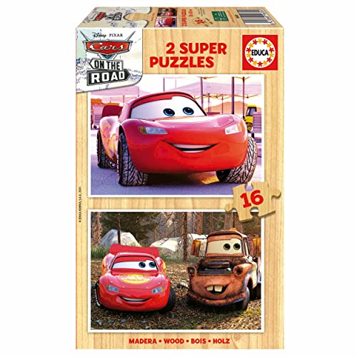 Educa - Holzpuzzle mit 16 Teile | Cars, 2x16 Teile Holzpuzzle-Set für Kinder ab 3 Jahren, Disney Pixar, Zeichentrickfilm (19670) von Educa