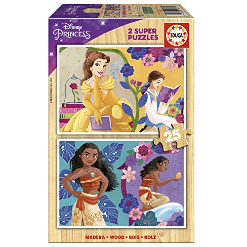 Educa 19671, Disney Princess, 2 x 25 Teile Holzpuzzle-Set, für Kinder ab 3 Jahren, Prinzessinnenpuzzle, Kinderpuzzle von Educa