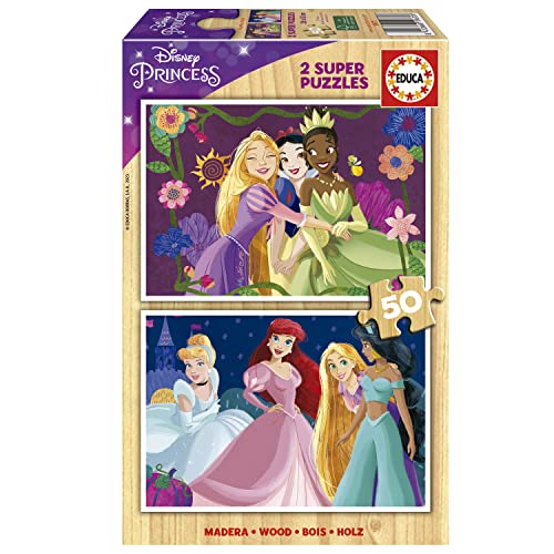 Educa - Disney Prinzessin Super Puzzle, 2x50 Teile Holzpuzzleset für Kinder ab 4 Jahren, Cinderella, Arielle, Rapunzel, Schneewittchen (19672) von Educa