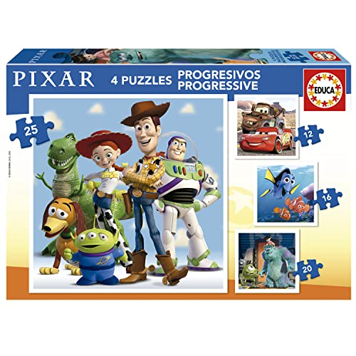 Educa - Pixar Filme, 4in1 Puzzle mit 12/16/20/25 Teilen, Puzzleset für Kinder ab 3 Jahren, Toy Story, Cars, Findet Nemo, Monster AG (19681) von Educa