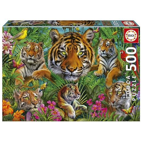 Educa - Puzzle von 500 Teilen für Erwachsene | Tiger im Dschungel. Messen: 48 x 34 cm. Beinhaltet die puzzlekleber FixPuzzle. Seit 11 Jahren (19902) von Educa