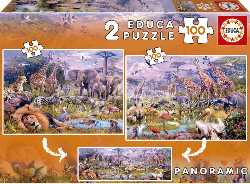 Educa 2 Puzzles - Wild animals Panoramic 100 Teile Puzzle Educa-18606 von Educa