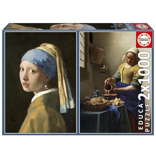 Educa - Packung mit 2 1000-teiligen Puzzles für Erwachsene | Mädchen mit Perlenohrring + Die Milchmagd, Johannes Vermeer. Inklusive Fix Puzzle-Kleber. Maße: 48 x 68 cm. Ab 14 Jahren (20309) von Educa