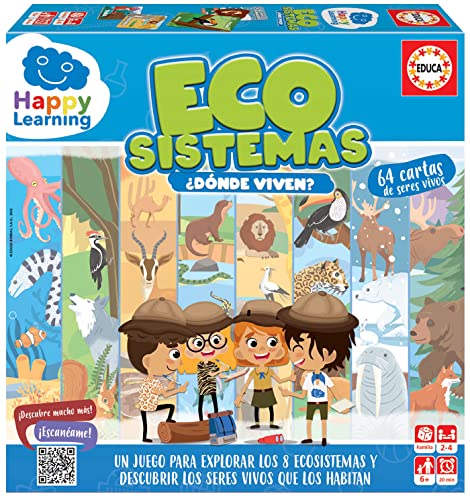 Educa - Happy Learning Ökosysteme | Brettspiel zur Erkundung der 8 Ökosysteme und Entdeckung der lebenden Wesen, die sie bewohnen, 64 Karten und Action-Token – 6 Jahre (19322) von Educa