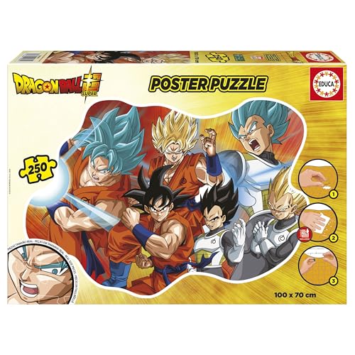 Educa - KinderPuzzle mit 250 Teile. Poster mit Einer bestimmten externen und großen Form: 100 x 70 cm | Dragon Ball. Beinhaltet die puzzlekleber FixPuzzle. Empfohlen für Kinder ab 8 Jahre (19965) von Educa