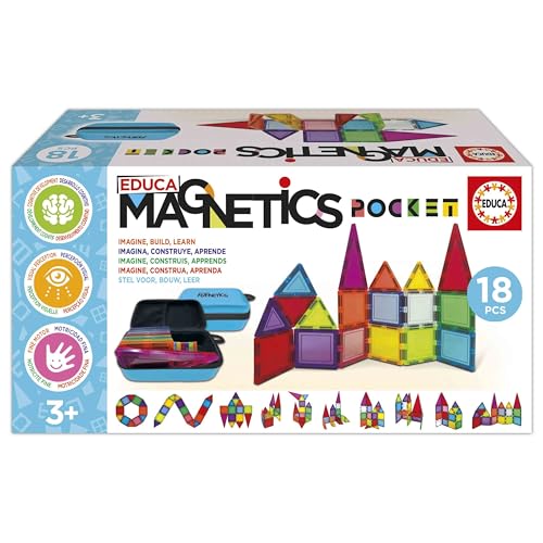 Educa - Magnetics | Koffer mit 18 Magnetblöcken. Lernfähiges 3D-Konstruktionsspiel für Kinder. Enthält 2 Tiere und 8 Karten. Baue geometrische Figuren. Ab 3 Jahren (20271) von Educa