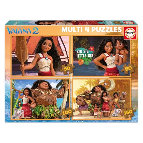 Educa - Set mit 4 progressiven Kinderpuzzles mit 50 bis 150 Teilen mit Bildern von Moana 2. Maße: 34 x 24 cm. Empfohlen ab 3 4 5 Jahren (20104) von Educa