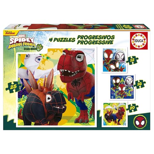 Educa – Set mit 4 progressiven Kinderpuzzles von 12 bis 25 Teilen. Dino Spidey. Maße: 16 x 16 cm. Empfohlen ab 3 Jahren (20343) von Educa