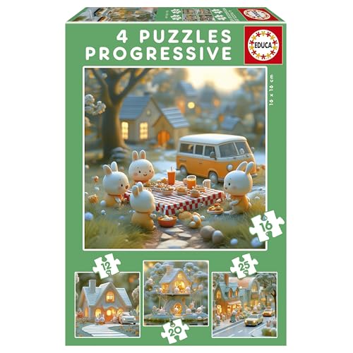 Educa – Set mit 4 progressiven Kinderpuzzles von 12 bis 25 Teilen. Stadt der Hasen. Maße: 16 x 16 cm. Empfohlen ab 3 Jahren (20217) von Educa