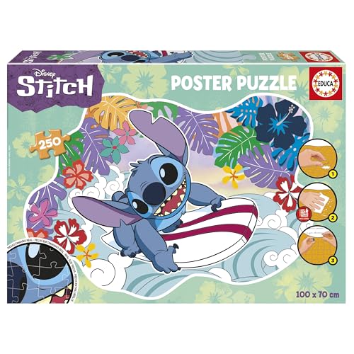 Educa - Stitch | KinderPuzzle mit 250 Teile. Puzzle mit Einer bestimmten externen und großen Form: 100 x 70 cm. Beinhaltet die puzzlekleber FixPuzzle. Empfohlen für Kinder ab 8 Jahre (19963) von Educa