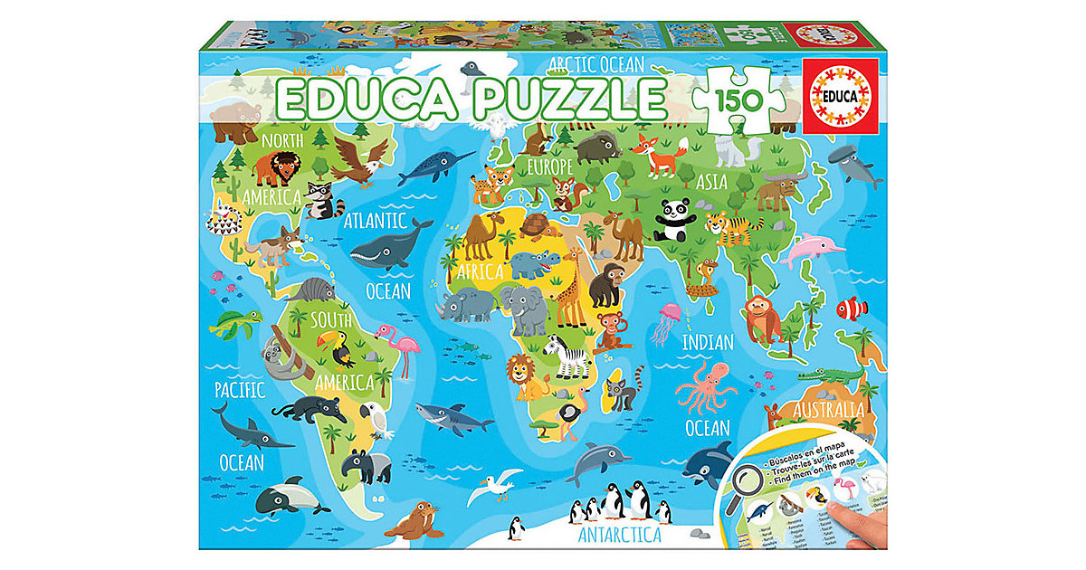 Puzzle, 150 Teile, 48x34 cm Kontinente Tiere von Educa