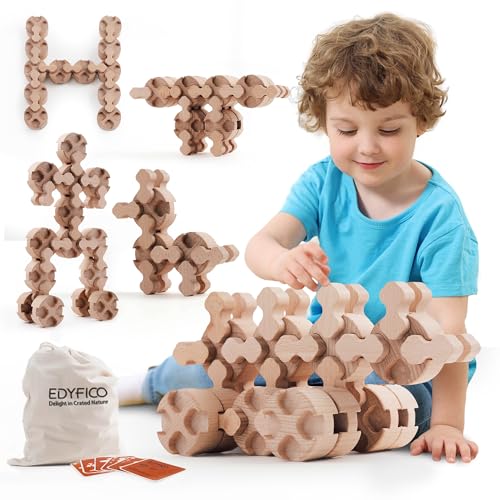 Edyfico THS101 Bausteine, 50 Stück Holzbausteine Montessori Spielzeug für Kinder ab 3, Kreative Lernspielzeug Kinderspielzeug mit Storagebag & Eltern-Kind Karten, Geschenk für Vorschul mädchen Junge Edyfico THS101 Bausteine, 50 Stück Holzbausteine Montessori Spielzeug für Kinder ab 3, Kreative Lernspielzeug Kinderspielzeug mit Storagebag & Eltern-Kind Karten, Geschenk für Vorschul mädchen Junge von Edyfico