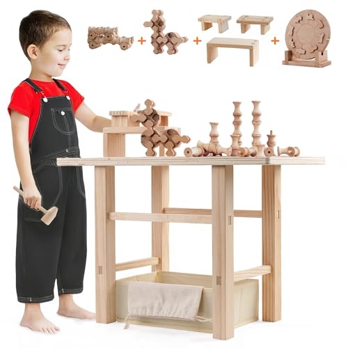 Edyfico TGZ101, 5 in 1 Werkbank Kinder ab 2 Jahre, Robuste Holzwerkbank mit 83 Bausteine, Echt Werkstatt, Durable Spielwerkbank mit 4 Sets Kreative Kinderspielzeug für Jungen & Mädchen ab 3 Jahren von Edyfico