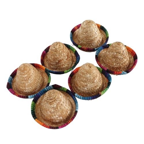 Eeneme 6 Stück Mini-Sombrero-Strohhüte, 9,4 Cm Durchmesser, Mexikanischer Stil, Breiter Rand, Leuchtende Farben, Mini-Strohhüte für Dekoration, DIY von Eeneme