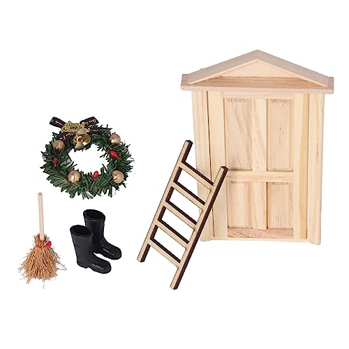 Eeneme Puppenhaus-Tür-Kit – Mini-Weihnachtsbaum-Tür-Kit Lindenholz-Besen-Leiter-Cane-Öl-Lampen-Teppich-Miniatur-Puppenhaus-Zubehör von Eeneme