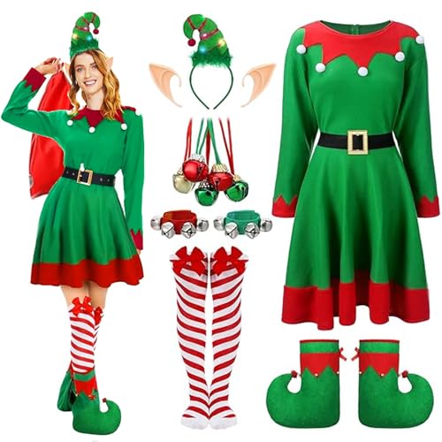 Eghunooye 12 Pack Frauen Weihnachten Elf Kostüm Set Santa's Helper Kostüm mit Zubehör-Kit Xmas Festlich Cosplay Outfit (12pcs, XXS) von Eghunooye