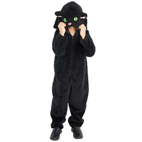 Eghunooye Cosplay-Kostüm für Kinder, Motiv: schwarze Katze, Plüsch, langärmelig, Reißverschluss, Kapuze, Overall mit langem Schwanz, für Jungen und Mädchen (Schwarz, XL) von Eghunooye