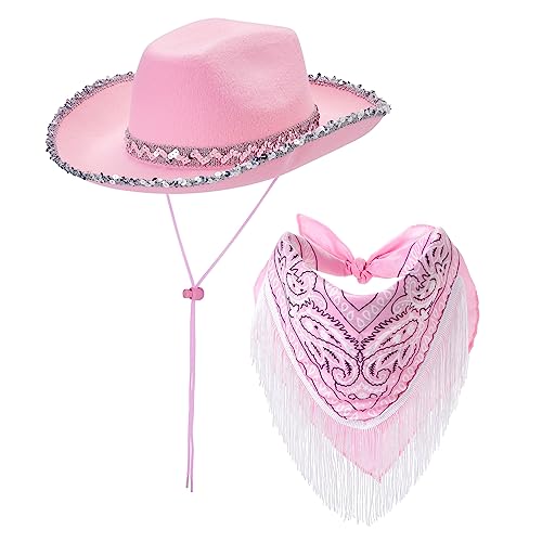 Eghunooye Cowboyhüte für Damen, Strass, breite Krempe, Western-Stil, pelzige Cowgirl-Hüte, Geburtstagsparty-Zubehör (rosa Pailletten, 2 Stück) von Eghunooye