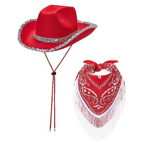 Eghunooye Cowboyhüte für Damen, Strass, breite Krempe, Western-Stil, pelzige Cowgirl-Hüte, Geburtstagsparty-Zubehör (rote Pailletten, 2 Stück) von Eghunooye