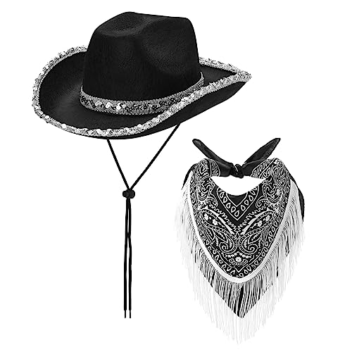 Eghunooye Cowboyhüte für Damen, Strass, breite Krempe, Western-Stil, pelzige Cowgirl-Hüte, Geburtstagsparty-Zubehör (schwarze Pailletten, 2 Stück) von Eghunooye