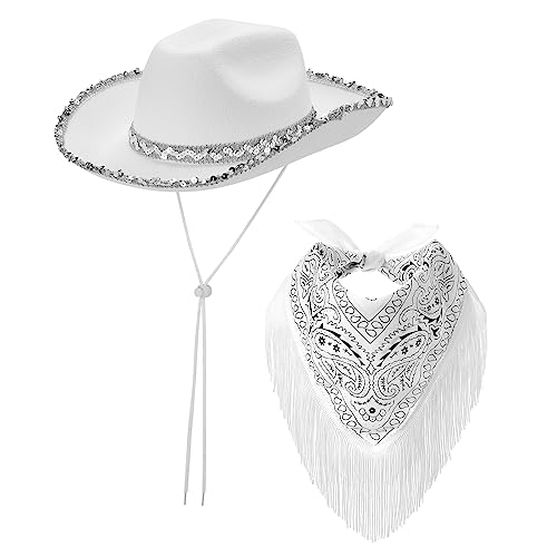 Eghunooye Cowboyhüte für Damen, Strass, breite Krempe, Western-Stil, pelzige Cowgirl-Hüte, Geburtstagsparty-Zubehör (weiße Pailletten, 2 Stück) von Eghunooye