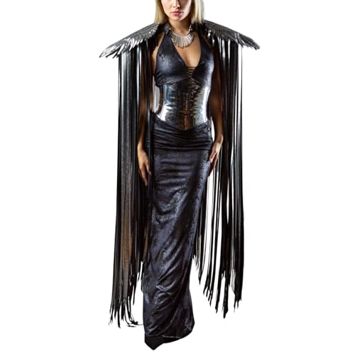 Eghunooye Damen-Umhang mit Engelsflügeln und Fransen für Halloween, Gothic, Halloween, Flügelumhang, Schal, Cosplay-Kostüm (Silber, Größe S/M) von Eghunooye
