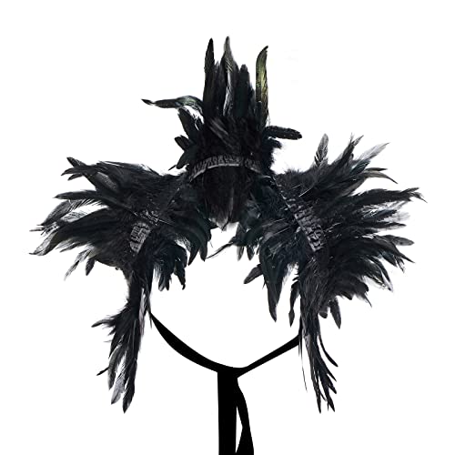 Eghunooye Damen Umhang mit natürlichen Federn, Gothic, Schalkragen, Federumhang, Halloween, Maleficent-Kostüme (Schwarz, Einheitsgröße) von Eghunooye