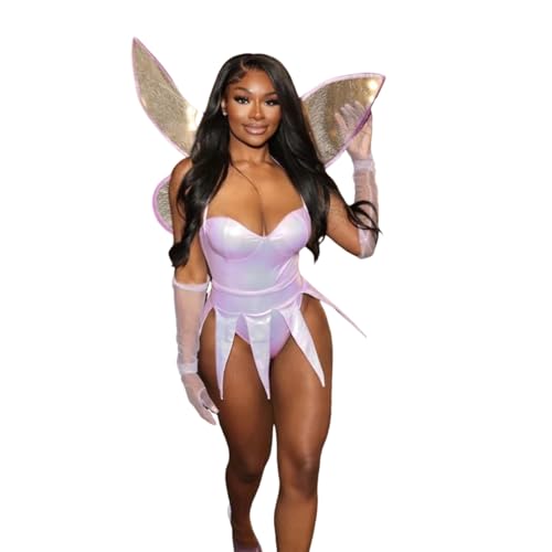 Eghunooye Feenkostüm-Set für Damen, ärmellos, Bodysuit, hohe Taille, Minirock, Netzstoff, lange Handschuhe, Flügel, Cosplay-Outfit (Lila, L) von Eghunooye
