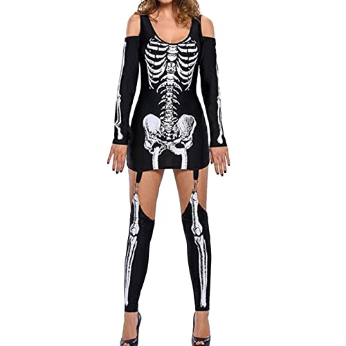 Eghunooye Halloween-Kostüm für Damen, schulterfrei, langärmelig, U-Ausschnitt, Skelett, bedrucktes Kleid mit Strümpfen, Schwarz , L von Eghunooye