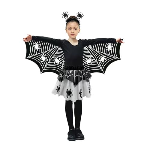 Eghunooye Halloween-Tierkostüm für Mädchen, Marienkäfer-Schal, Flügel, Rock, Stirnband und Zauberstab, 4-teiliges Outfit (Schwarz 2, Einheitsgröße) von Eghunooye