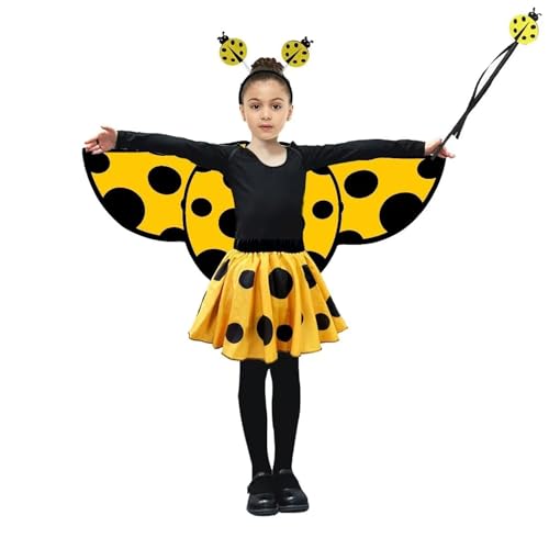 Eghunooye Halloween-Tierkostüm für Mädchen, Marienkäfer-Schal, Flügel, Rock + Stirnband + Zauberstab, 4-teiliges Outfit (Gelb, Einheitsgröße) von Eghunooye