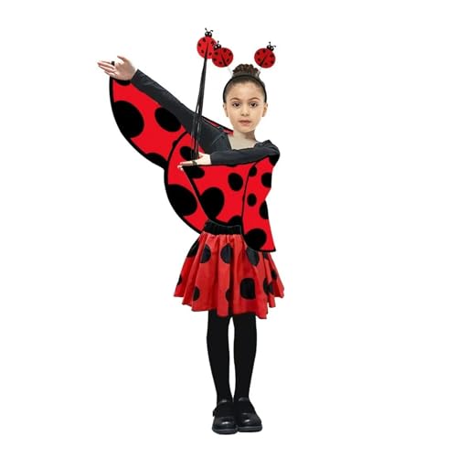 Eghunooye Halloween-Tierkostüm für Mädchen, Marienkäfer-Schal, Flügel + Rock + Stirnband + Zauberstab, 4-teiliges Outfit (Rot, Einheitsgröße) von Eghunooye