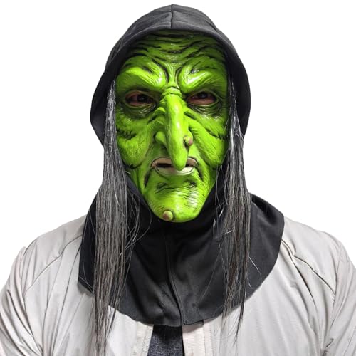Eghunooye Horror Geist Gesicht Hexe Maske Schreckliche Latexmaske Gruselige Gesichtsschild Kopfbedeckung für Halloween Karneval Party (Grün, Einheitsgröße) von Eghunooye