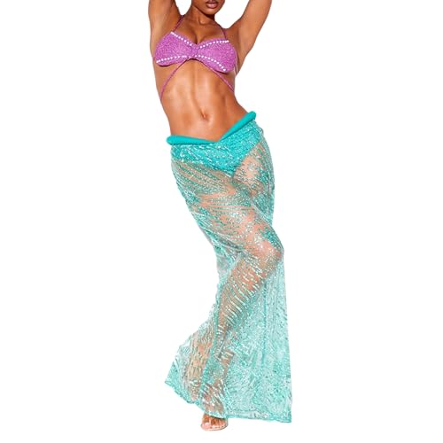 Eghunooye Meerjungfrauenkostüm für Damen, Perlen-BH mit Pailletten-Rock, Halloween, Cosplay, Kostüm, 2-teiliges Outfit (Blau, S) von Eghunooye