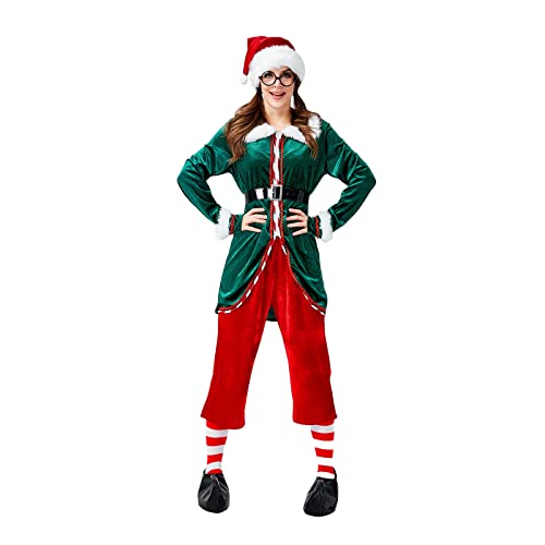 Eghunooye Weihnachtselfenkostüm für Erwachsene, Weihnachtsmann-Helfer-Kostüm mit Hut, Schuhen, Strümpfen, Weihnachtselfenkostüm, Outfit (Grün Damen Hosenanzug1, XL) von Eghunooye
