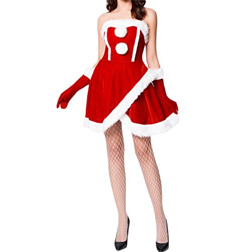 Eghunooye Weihnachtselfenkostüm für Erwachsene, Weihnachtsmann-Helfer-Kostüm mit Hut, Schuhen, Strümpfen, Weihnachtselfenkostüm, Outfit (rotes Kleid, 3 Stück, L) von Eghunooye