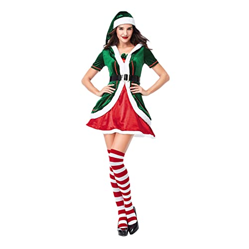 Eghunooye Weihnachtselfenkostüm für Erwachsene Set Xmas Santa Helfer Kostüm mit Hut Schuhe Strümpfe Weihnachtself Kostüm Outfit (Grün Damen Kleid, L) von Eghunooye