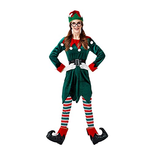 Eghunooye Weihnachtselfenkostüm für Erwachsene Set Xmas Santa Helfer Kostüm mit Hut Schuhe Strümpfe Weihnachtself Kostüm Outfit (Grün Frauen Hosenanzug, S) von Eghunooye