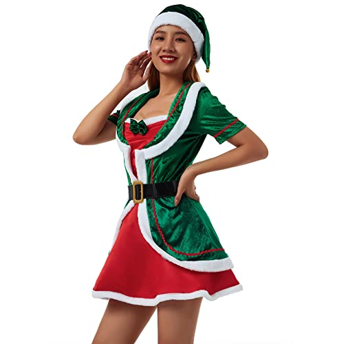 Eghunooye Weihnachtselfenkostüm für Erwachsene Set Xmas Santa Helfer Kostüm mit Hut Schuhe Strümpfe Weihnachtself Kostüm Outfit (Grüne Frau, M) von Eghunooye