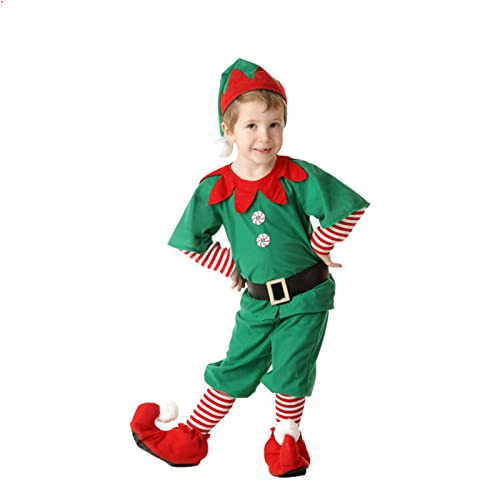 Eghunooye Weihnachtselfenkostüm für Kinder, gestreift, mit Hut, Gürtel, Urlaubskostüm (Jungen, 5-6 Jahre) von Eghunooye