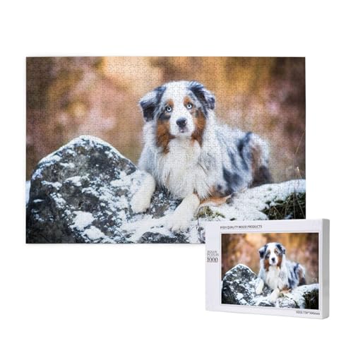 Australian Shepherd Schnee Winter Schöne Hunde,1000 Teile Holzpuzzle Familienspiel Puzzles für Erwachsene Teenager Heimdekoration von EgoMed