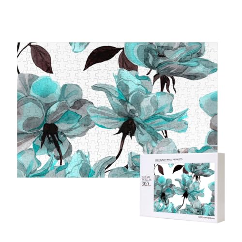 Blaue Blume Blumen Aquamarin Rosen Aquarell,300 Teile Holzpuzzle Familienspiel Puzzles für Erwachsene Teenager Heimdekoration von EgoMed