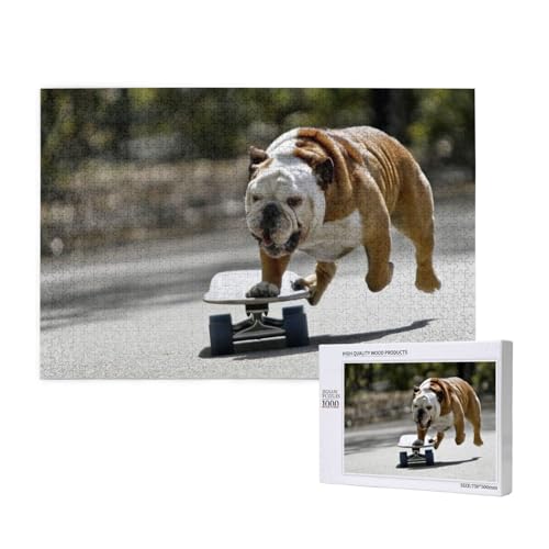 Englische Bulldoggen Bokeh Skateboard Haustiere Englisch,1000 Teile Holzpuzzle Familienspiel Puzzles für Erwachsene Teenager Heimdekoration von EgoMed