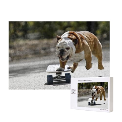 Englische Bulldoggen Bokeh Skateboard Haustiere Englisch,300 Teile Holzpuzzle Familienspiel Puzzles für Erwachsene Teenager Heimdekoration von EgoMed
