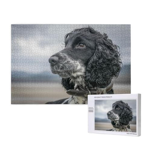 Englischer Cocker Spaniel, große lockige Ohren, schwarz,1000 Teile Holzpuzzle Familienspiel Puzzles für Erwachsene Teenager Heimdekoration von EgoMed