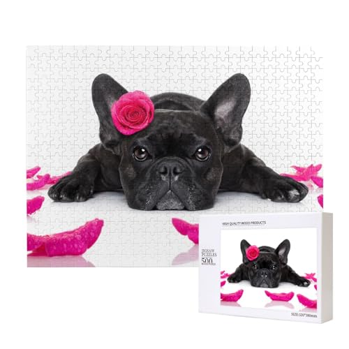 Französische Bulldogge mit Rose,500 Teile Holzpuzzle Familienspiel Puzzles für Erwachsene Teenager Heimdekoration von EgoMed