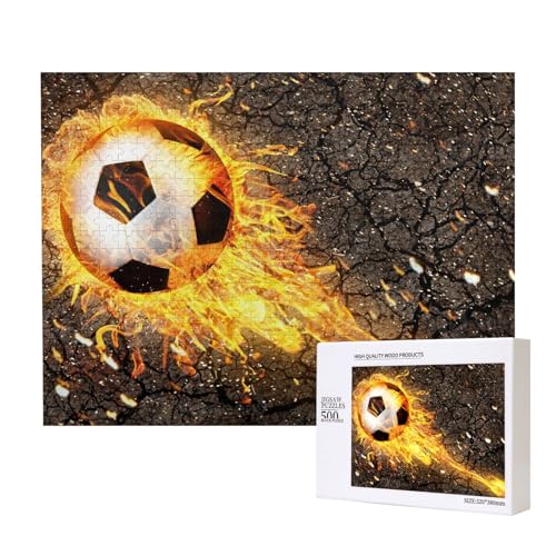 Fußball in brennenden Feuerflammen,500 Teile Holzpuzzle Familienspiel Puzzles für Erwachsene Teenager Heimdekoration von EgoMed
