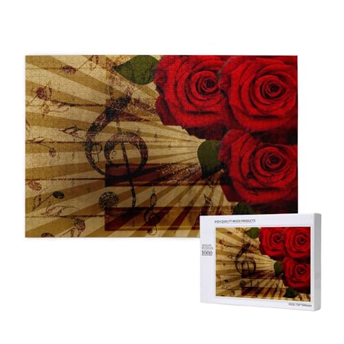 Grunge Rose Vintage Musik,1000 Teile Holzpuzzle Familienspiel Puzzles für Erwachsene Teenager Heimdekoration von EgoMed