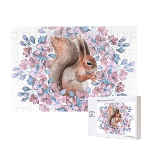 Karikatur, Eichhörnchen, Mit, Blumen,300 Teile Holzpuzzle Familienspiel Puzzles für Erwachsene Teenager Heimdekoration von EgoMed