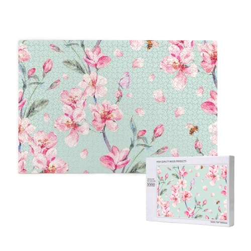 Pink Cherry Flower Teal Spring,1000 Teile Holzpuzzle Familienspiel Puzzles für Erwachsene Teenager Heimdekoration von EgoMed
